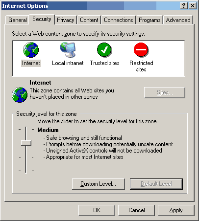 security tab for internet explorer internet options showing slider